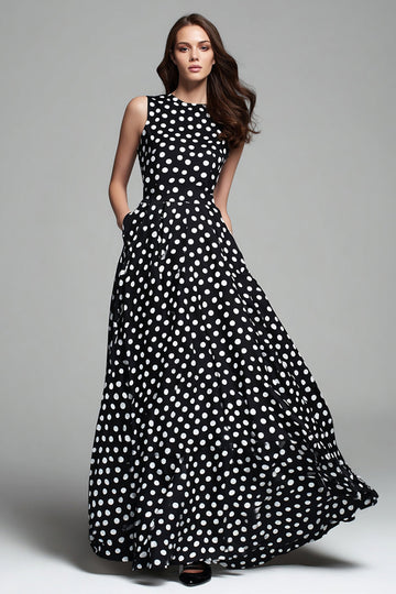 Noir Blanc À Pois Une Ligne Col Rond Robe Longue Formelle Avec Poche